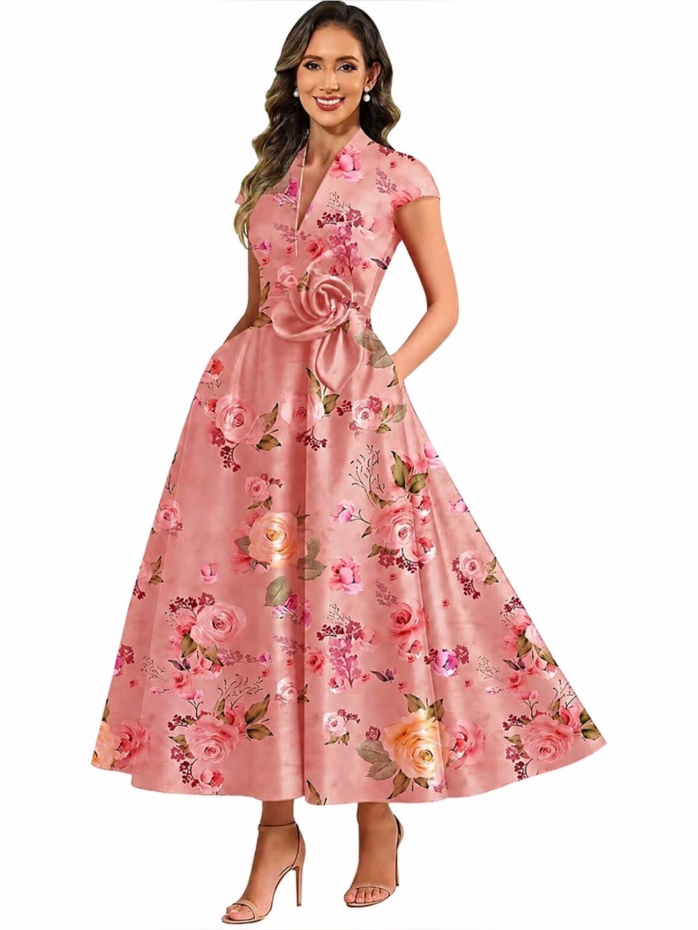 Elegant Pink Tea Length Dress with Rosette Detail